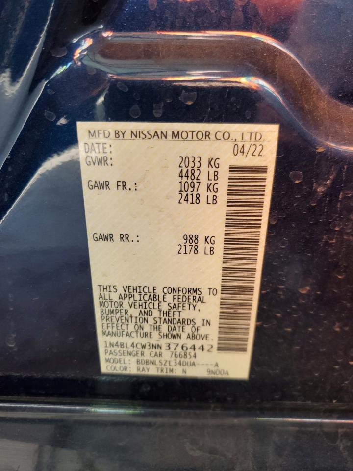 2022 NISSAN ALTIMA SR VIN:1N4BL4CW3NN376442