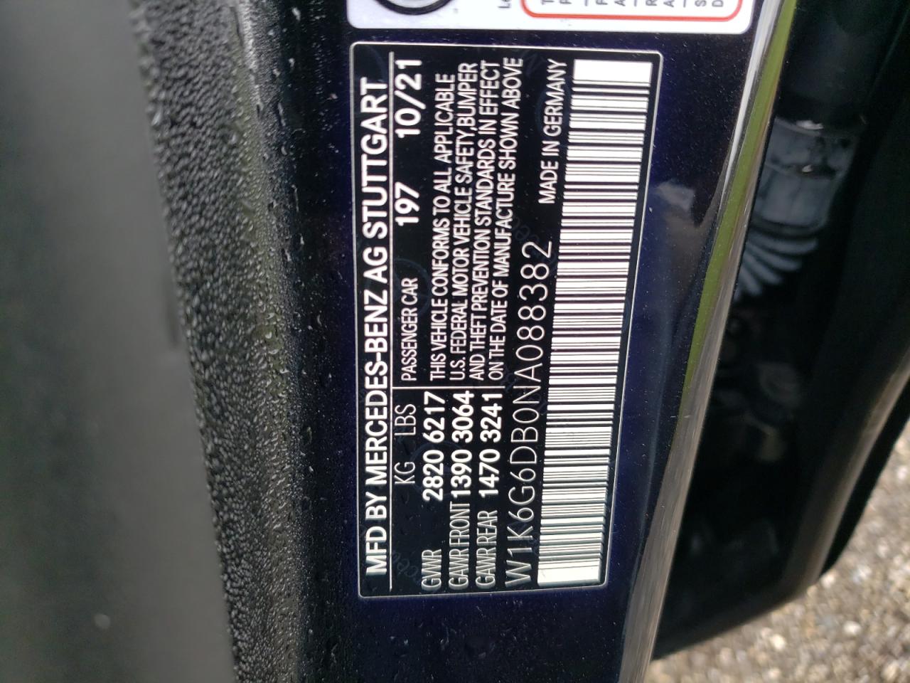 2022 MERCEDES-BENZ S 500 4MATIC VIN:W1K6G6DB0NA088382