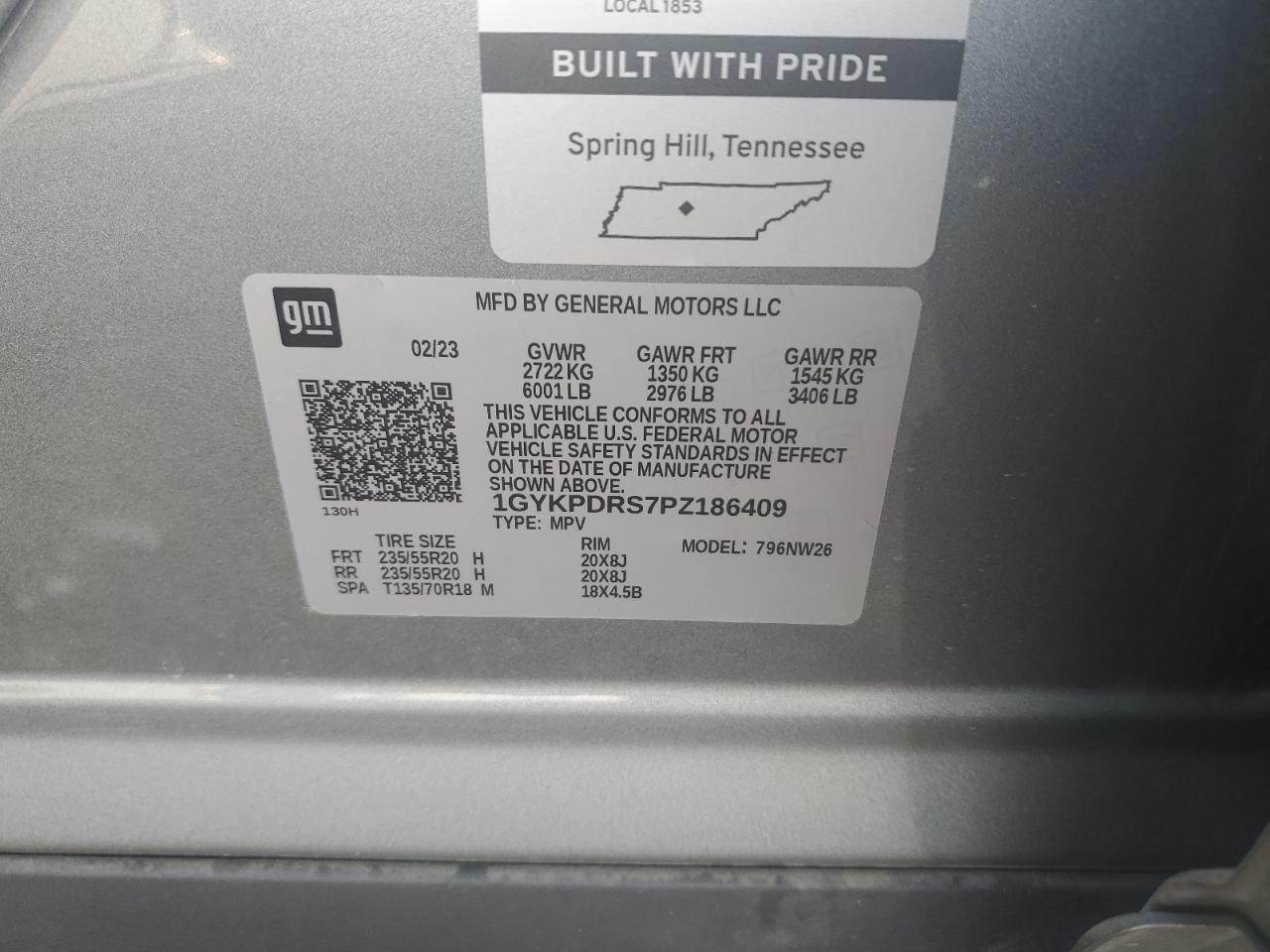 2023 CADILLAC XT6 PREMIUM LUXURY VIN:1GYKPDRS7PZ186409