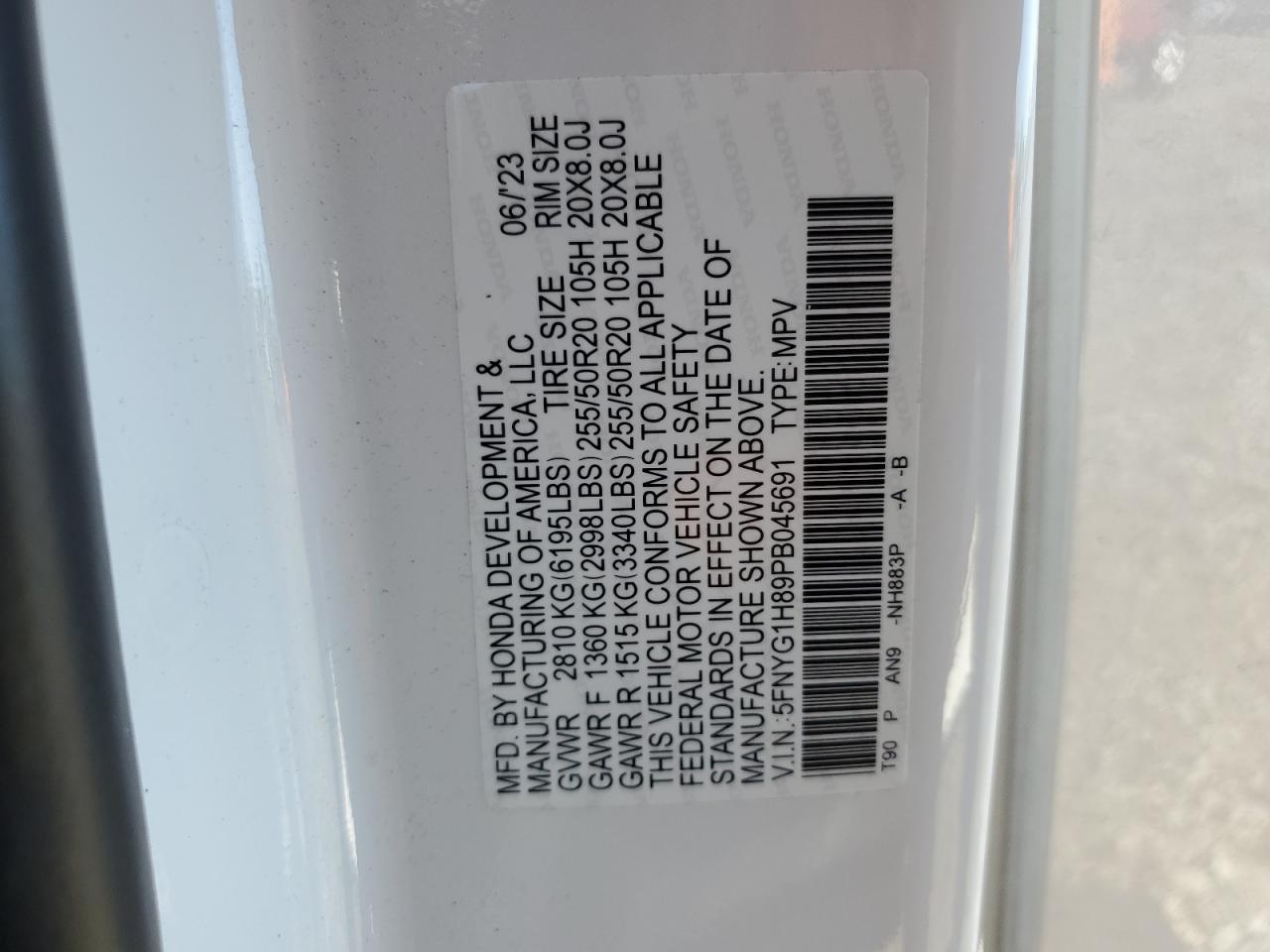 2023 HONDA PILOT ELITE VIN:5FNYG1H89PB045691