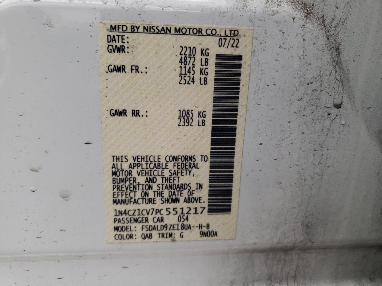 2023 NISSAN LEAF SV PLUS VIN:1N4CZ1CV7PC551217