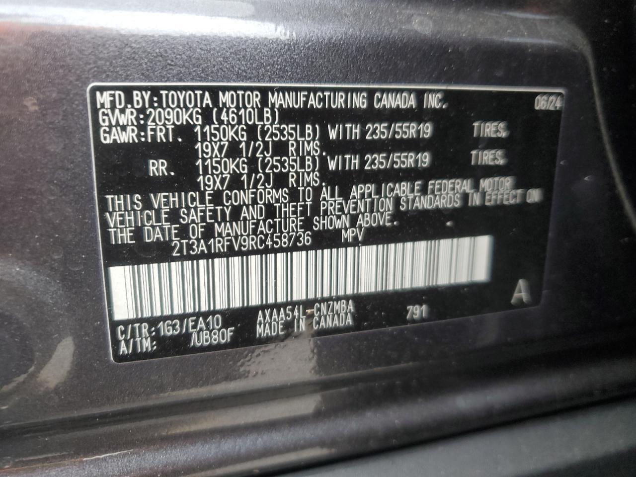 2024 TOYOTA RAV4 XLE PREMIUM VIN:2T3A1RFV9RC458736