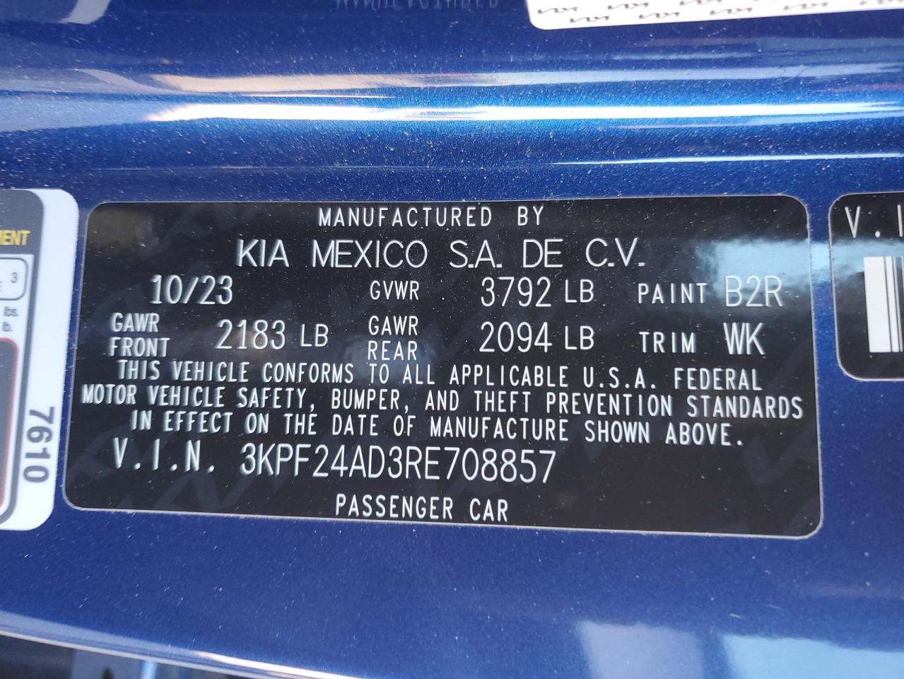 2024 KIA FORTE LX VIN:3N1AB7AP3DL754704
