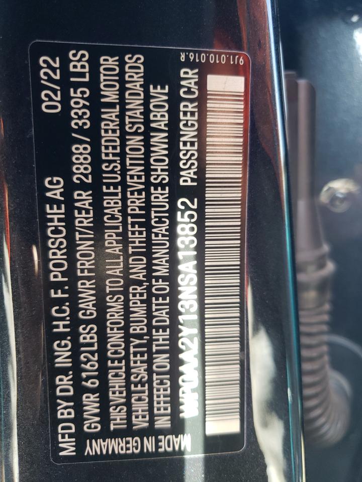 2022 PORSCHE TAYCAN VIN:WP0AA2Y13NSA13852