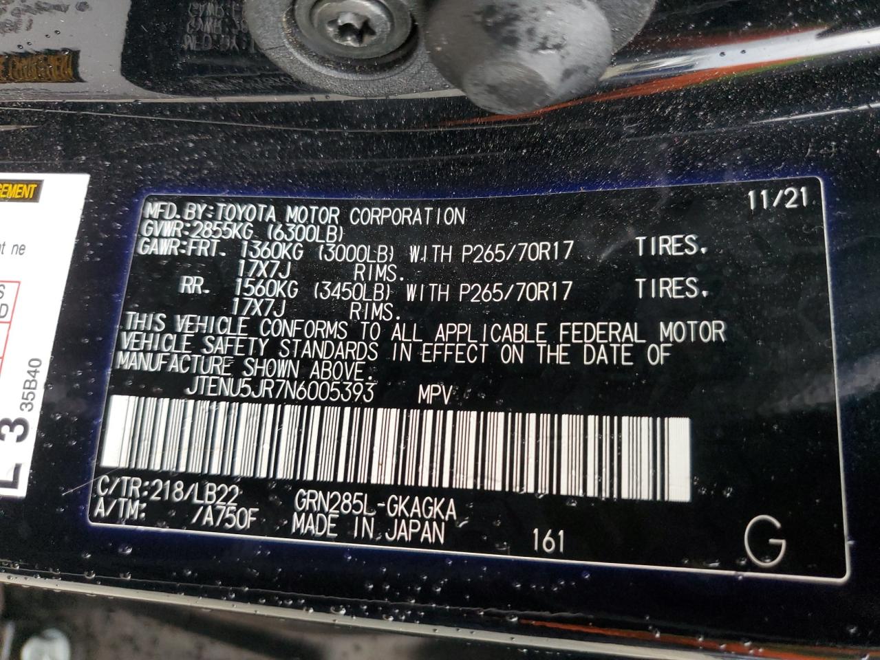 2022 TOYOTA 4RUNNER SR5/SR5 PREMIUM VIN:JTENU5JR7N6005393