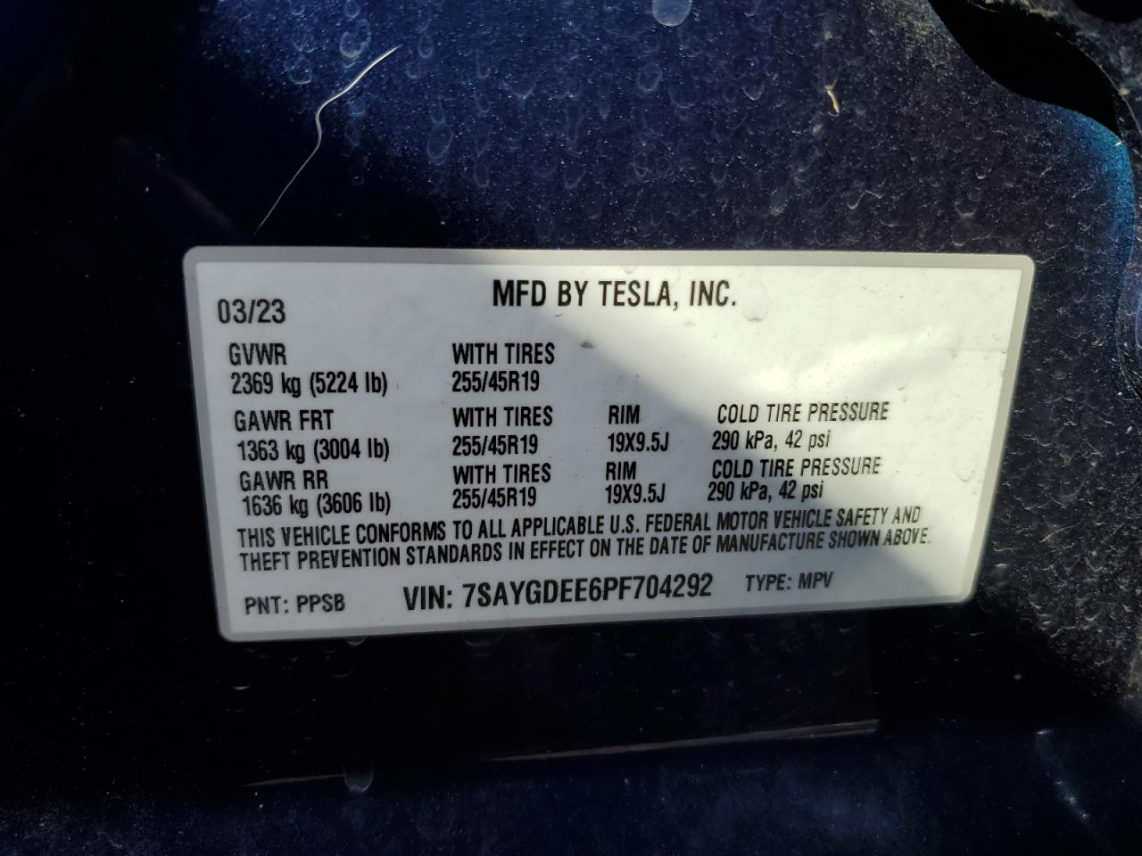 2023 TESLA MODEL Y VIN:7SAYGDEE6PF704292