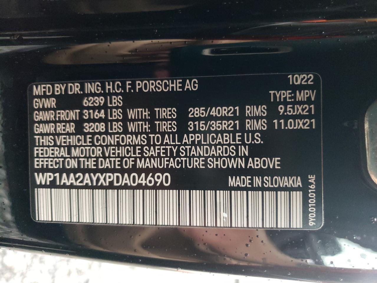 2023 PORSCHE CAYENNE BASE VIN:WP1AA2AYXPDA04690