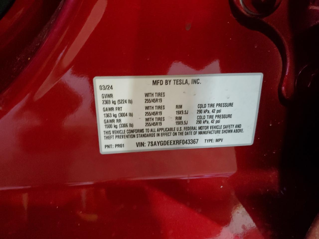 2024 TESLA MODEL Y VIN:7SAYGDEEXRF043367
