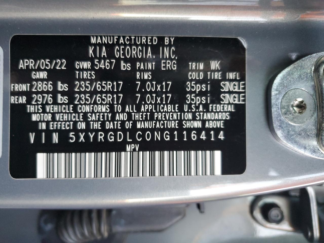2022 KIA SORENTO LX VIN:5XYRGDLC0NG116414