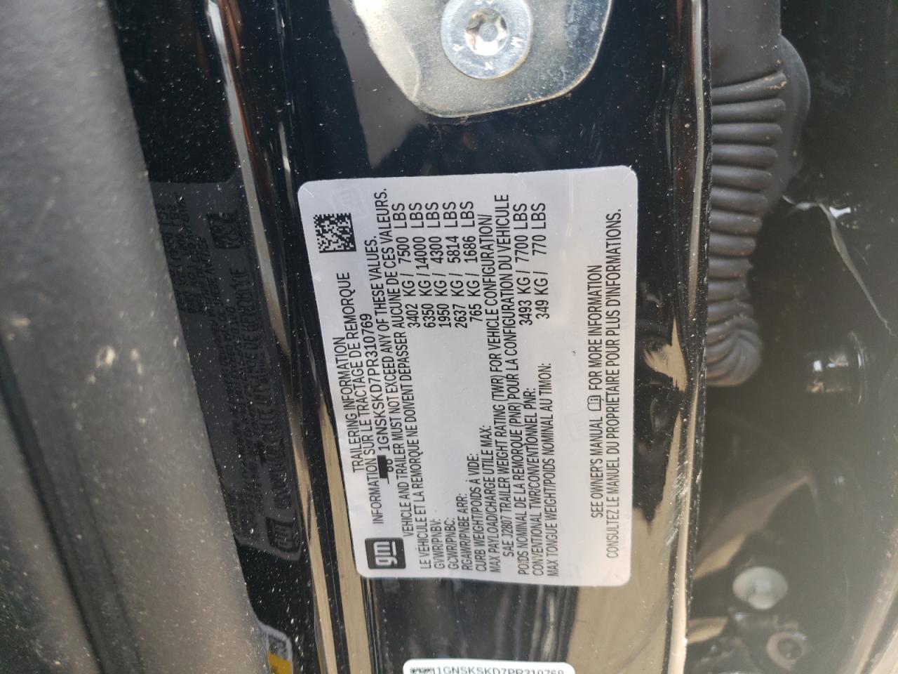 2023 CHEVROLET TAHOE K1500 PREMIER VIN:1GNSKSKD7PR310769