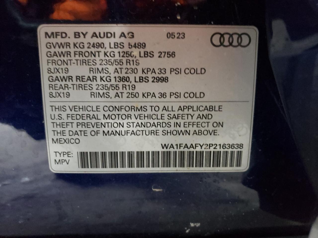 2023 AUDI Q5 PRESTIGE 45 VIN:WA1FAAFY2P2163638