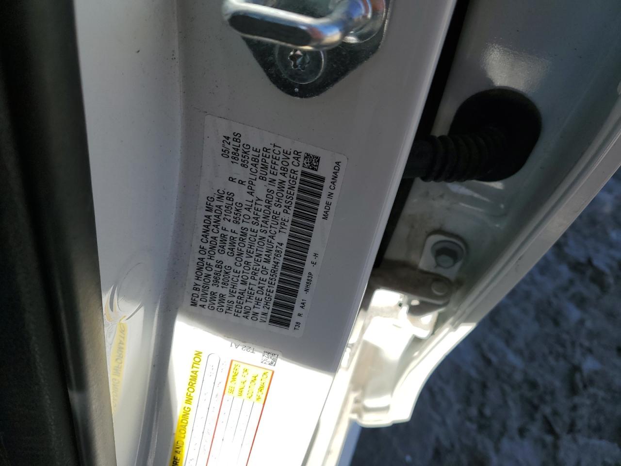 2024 HONDA CIVIC SI VIN:2HGFE1E55RH476874