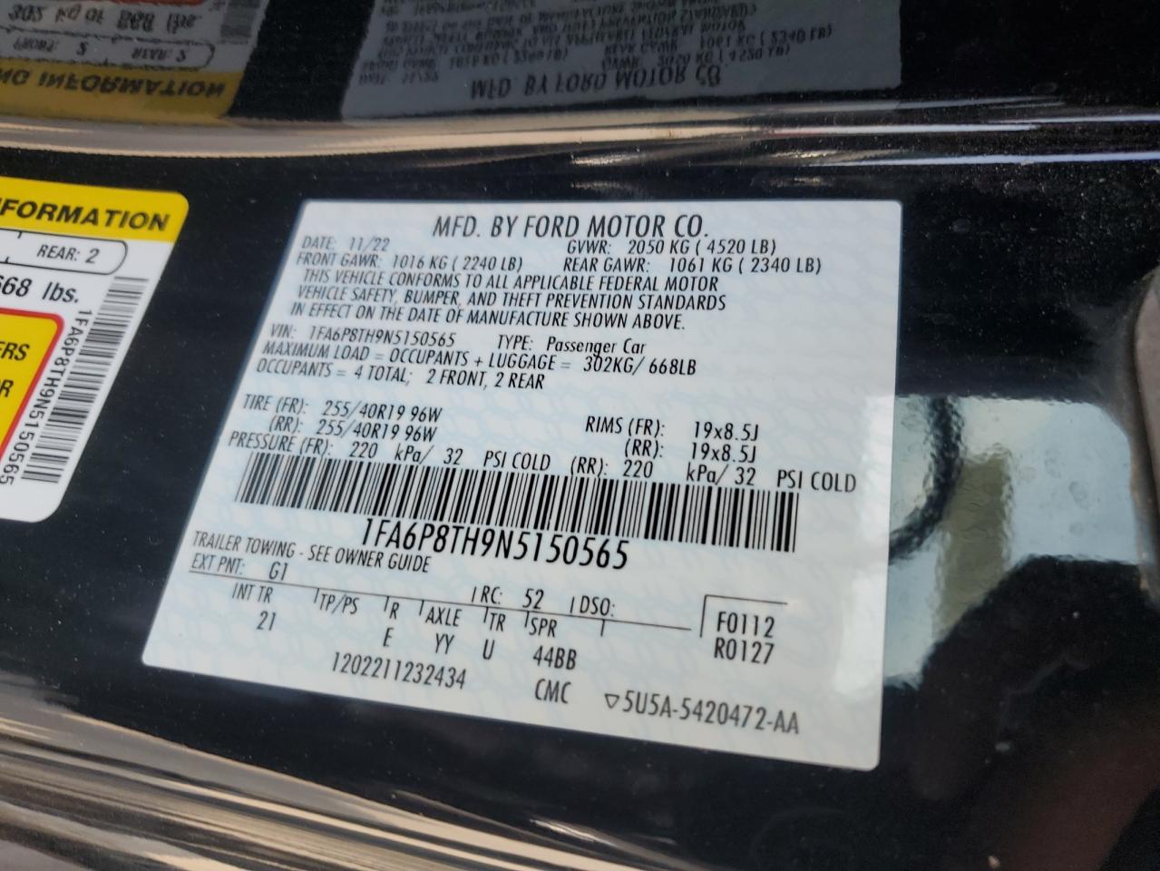 2022 FORD MUSTANG VIN:1FA6P8TH9N5150565