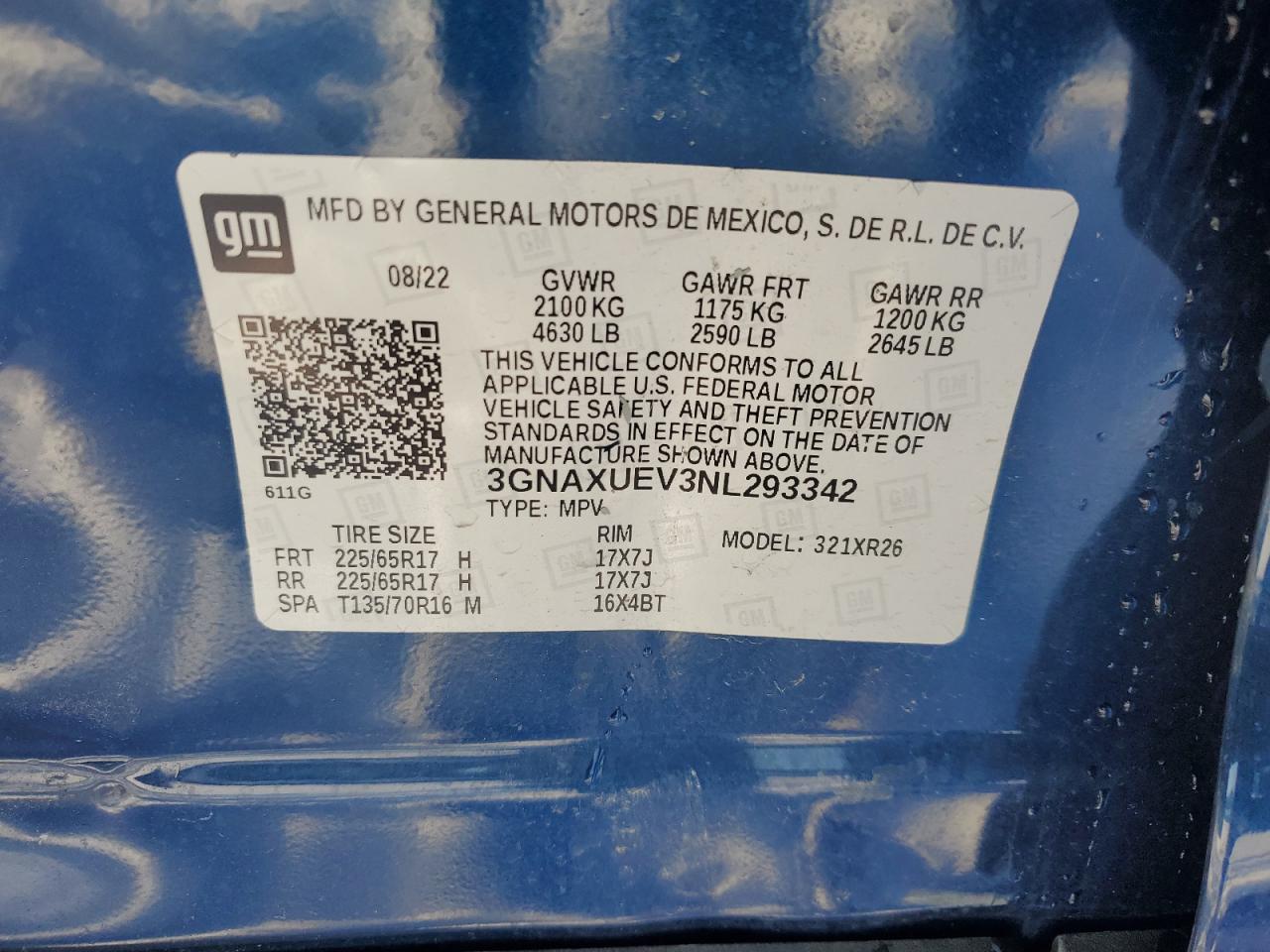 2022 CHEVROLET EQUINOX LT VIN:3GNAXUEV3NL293342