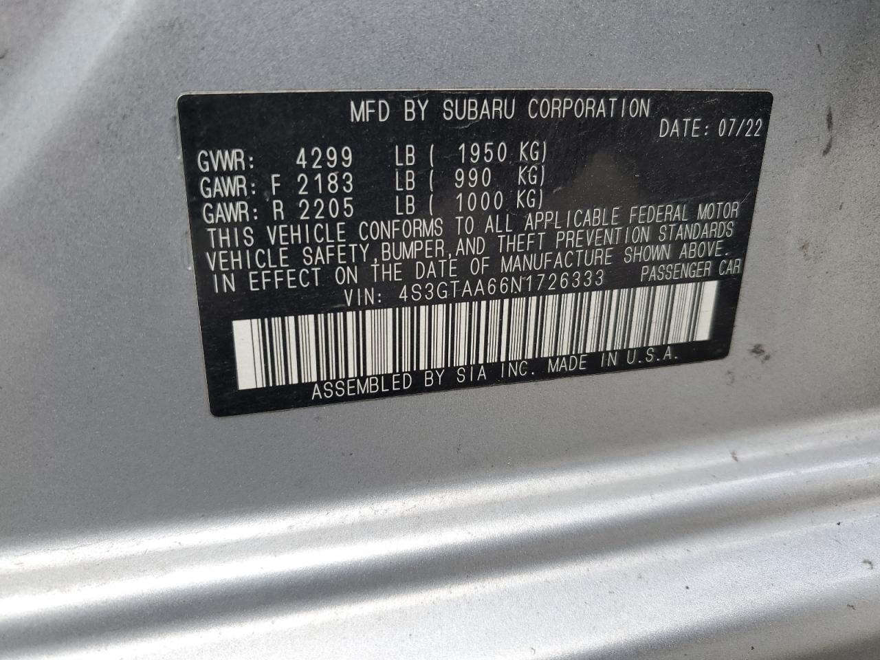 2022 SUBARU IMPREZA VIN:4S3GTAA66N1726333