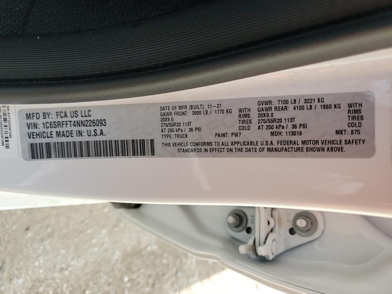 2022 RAM 1500 BIG HORN/LONE STAR VIN:1C6SRFFT4NN226093