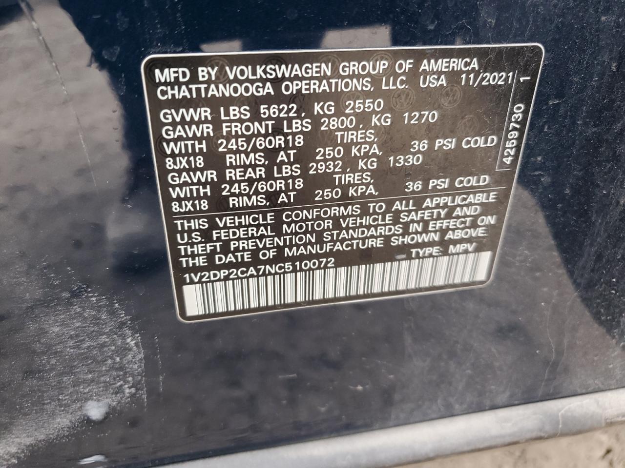 2022 VOLKSWAGEN ATLAS SE VIN:1V2DP2CA7NC510072