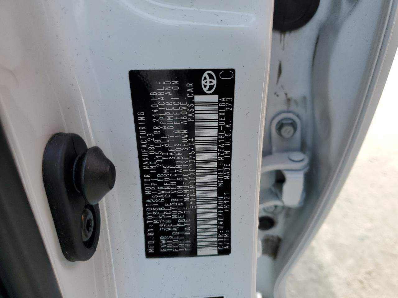 2023 TOYOTA COROLLA LE VIN:5YFB4MDEXPP075704