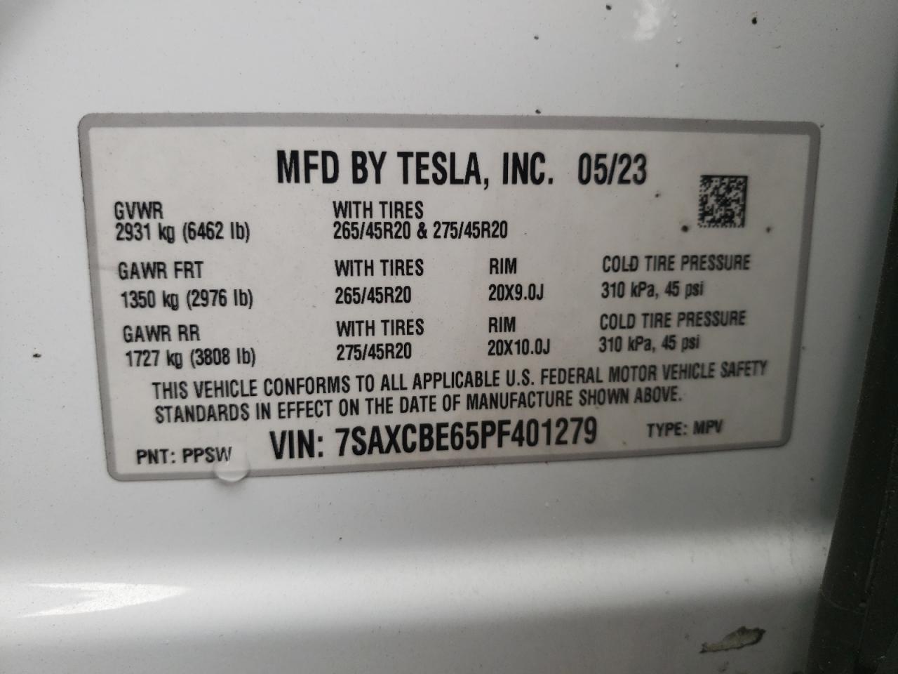 2023 TESLA MODEL X VIN:7SAXCBE65PF401279