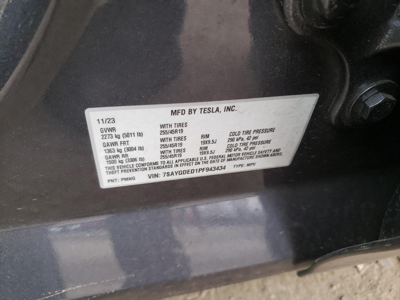 2023 TESLA MODEL Y VIN:7SAYGDED1PF943434