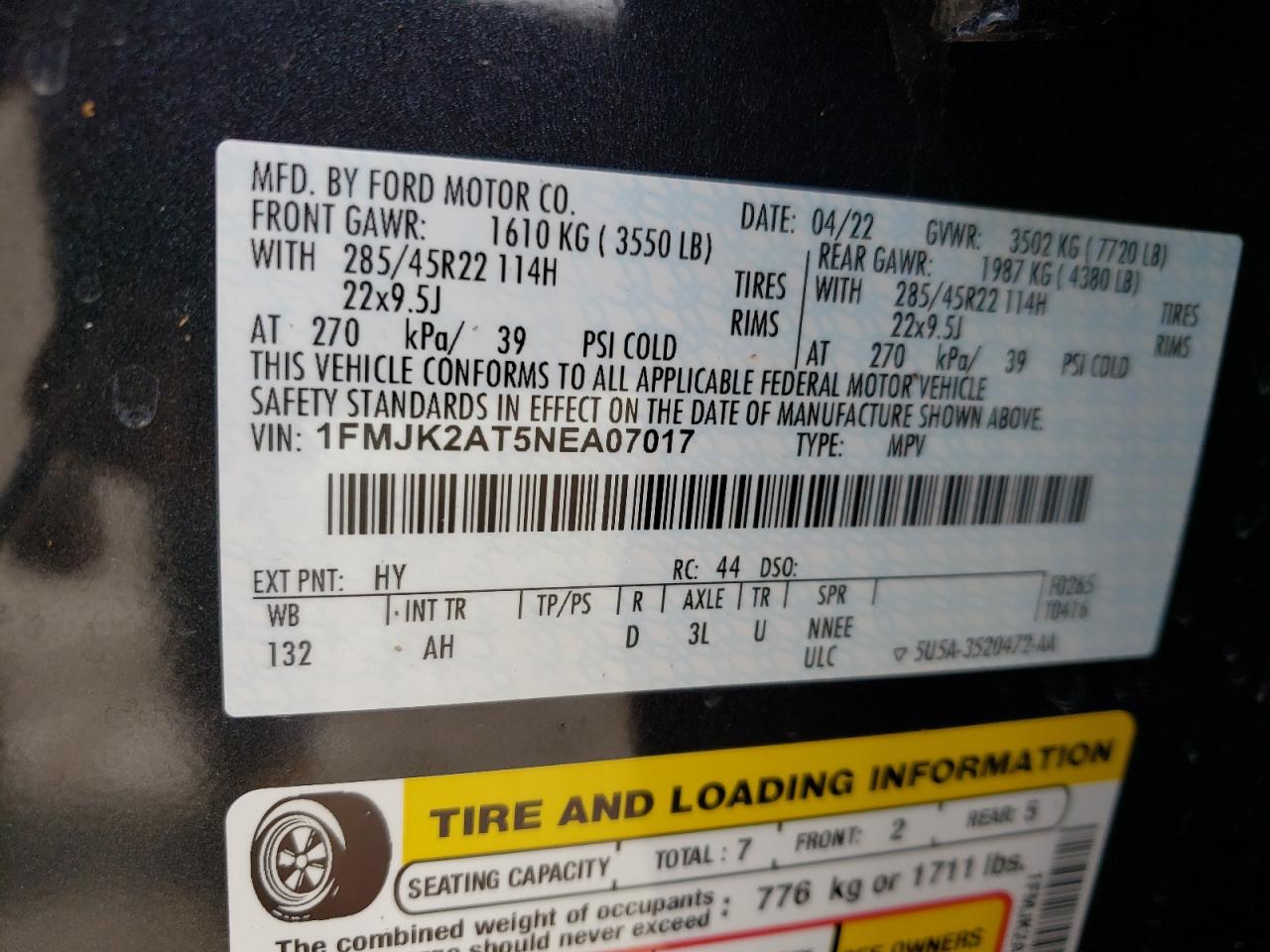 2022 FORD EXPEDITION MAX LIMITED VIN:1FMJK2AT5NEA07017