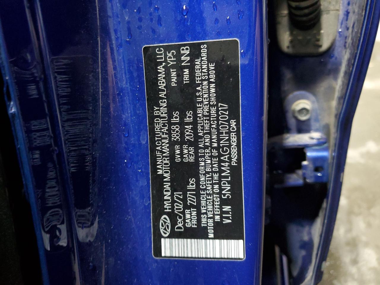 2022 HYUNDAI ELANTRA SEL VIN:5NPLM4AG1NH070217