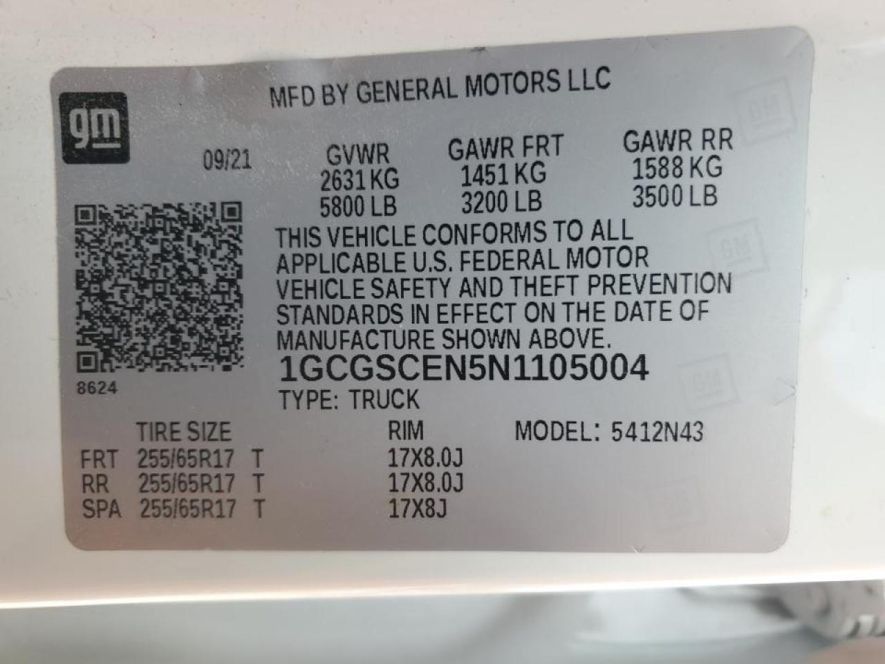 2022 CHEVROLET COLORADO LT VIN:1GCGSCEN5N1105004