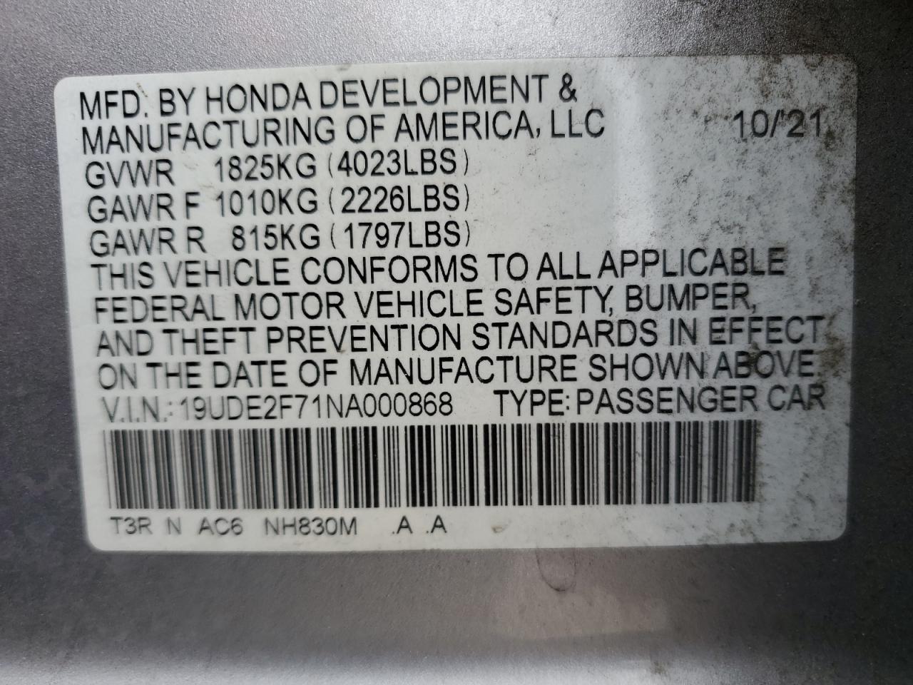 2022 ACURA ILX PREMIUM VIN:19UDE2F71NA000868