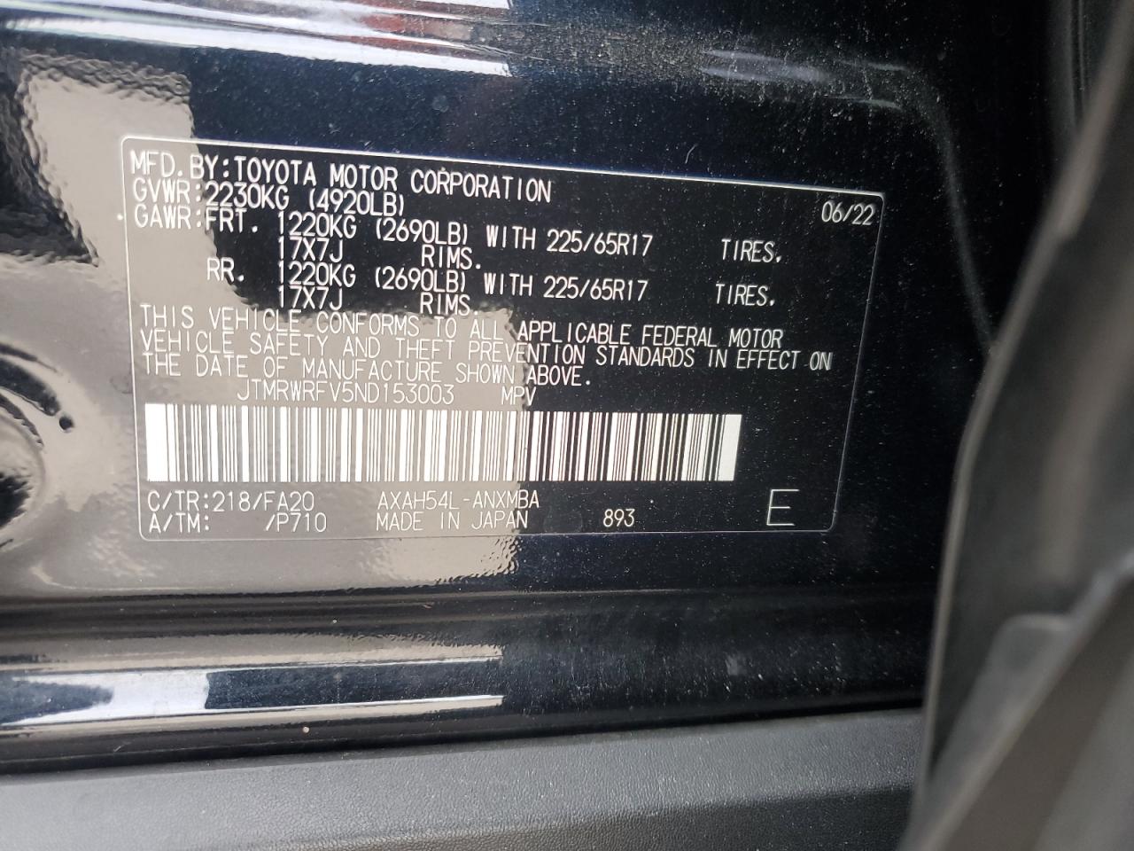 2022 TOYOTA RAV4 XLE VIN:JTMRWRFV5ND153003