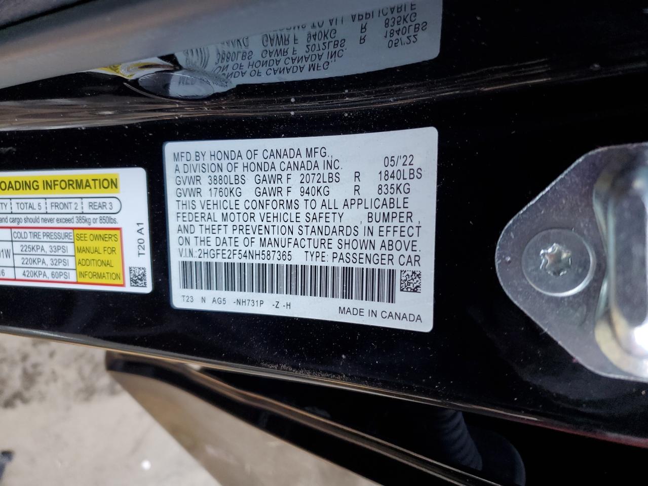 2022 HONDA CIVIC SPORT VIN:2HGFE2F54NH587365