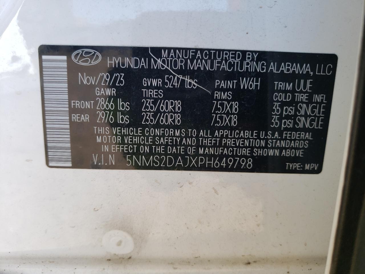 2023 HYUNDAI SANTA FE SEL VIN:5NMS2DAJXPH649798