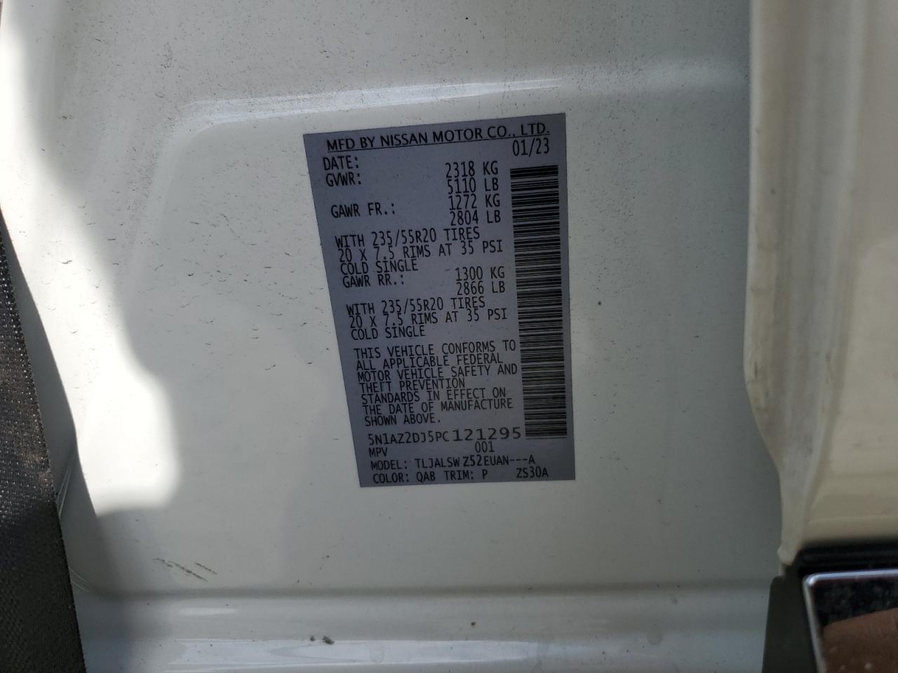 2023 NISSAN MURANO PLATINUM VIN:5N1AZ2DJ5PC121295