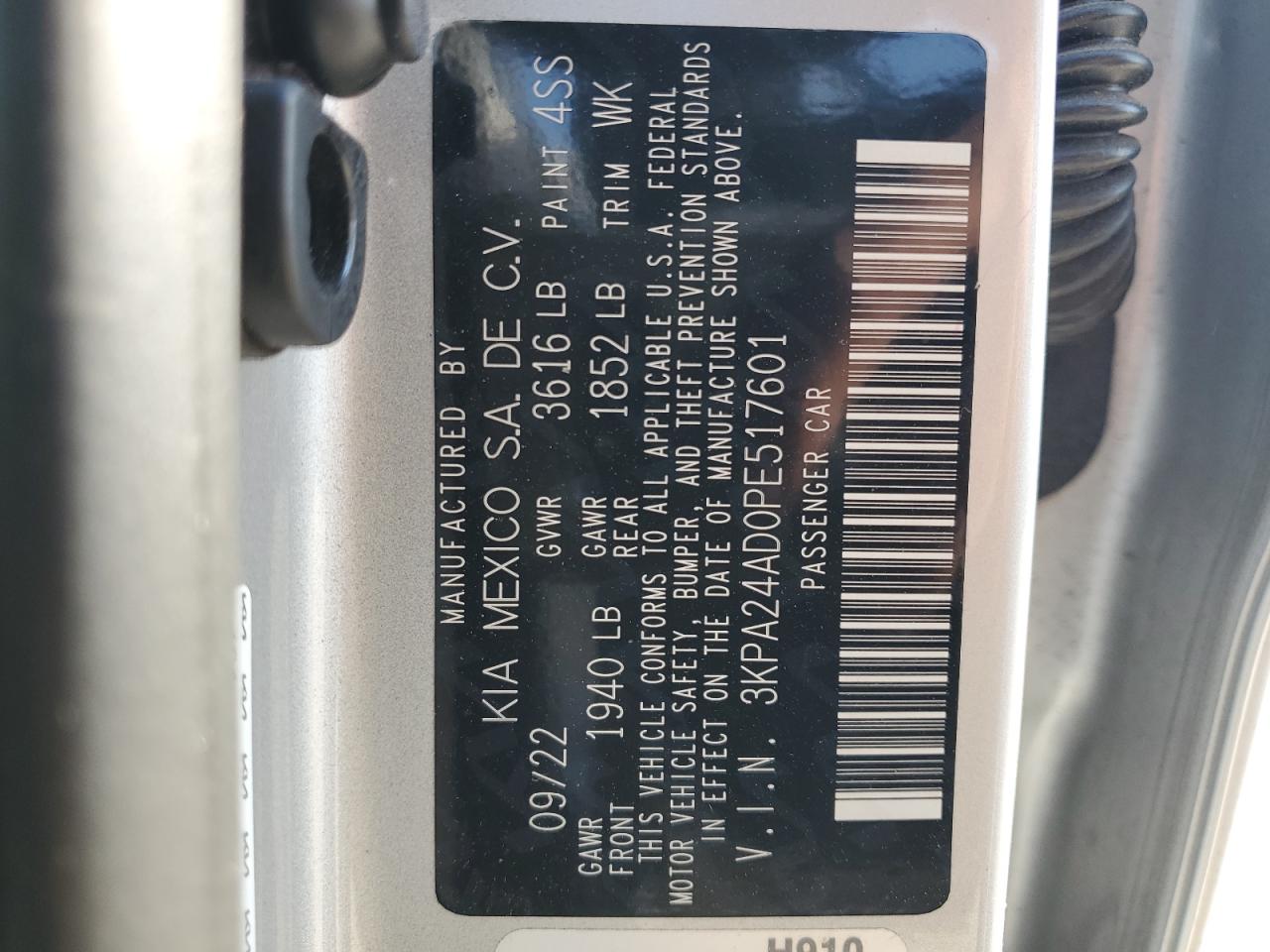 2023 KIA RIO LX VIN:3KPA24AD0PE517601