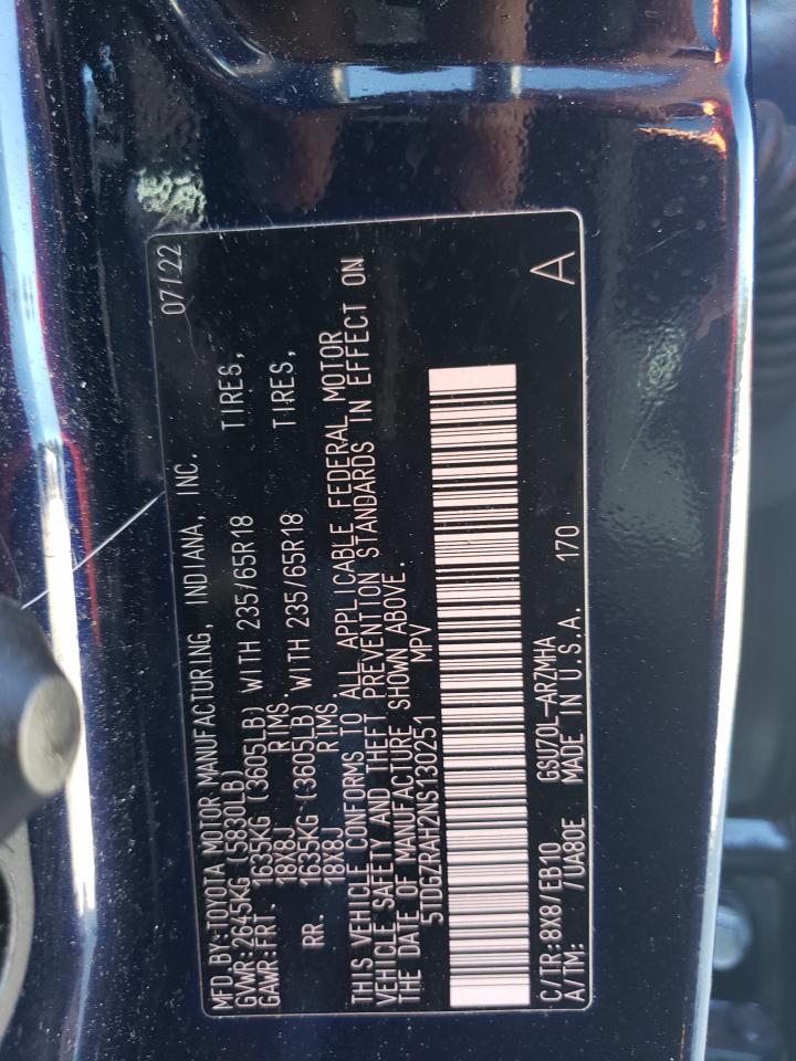 2022 TOYOTA HIGHLANDER XLE VIN:5TDGZRAH2NS130251