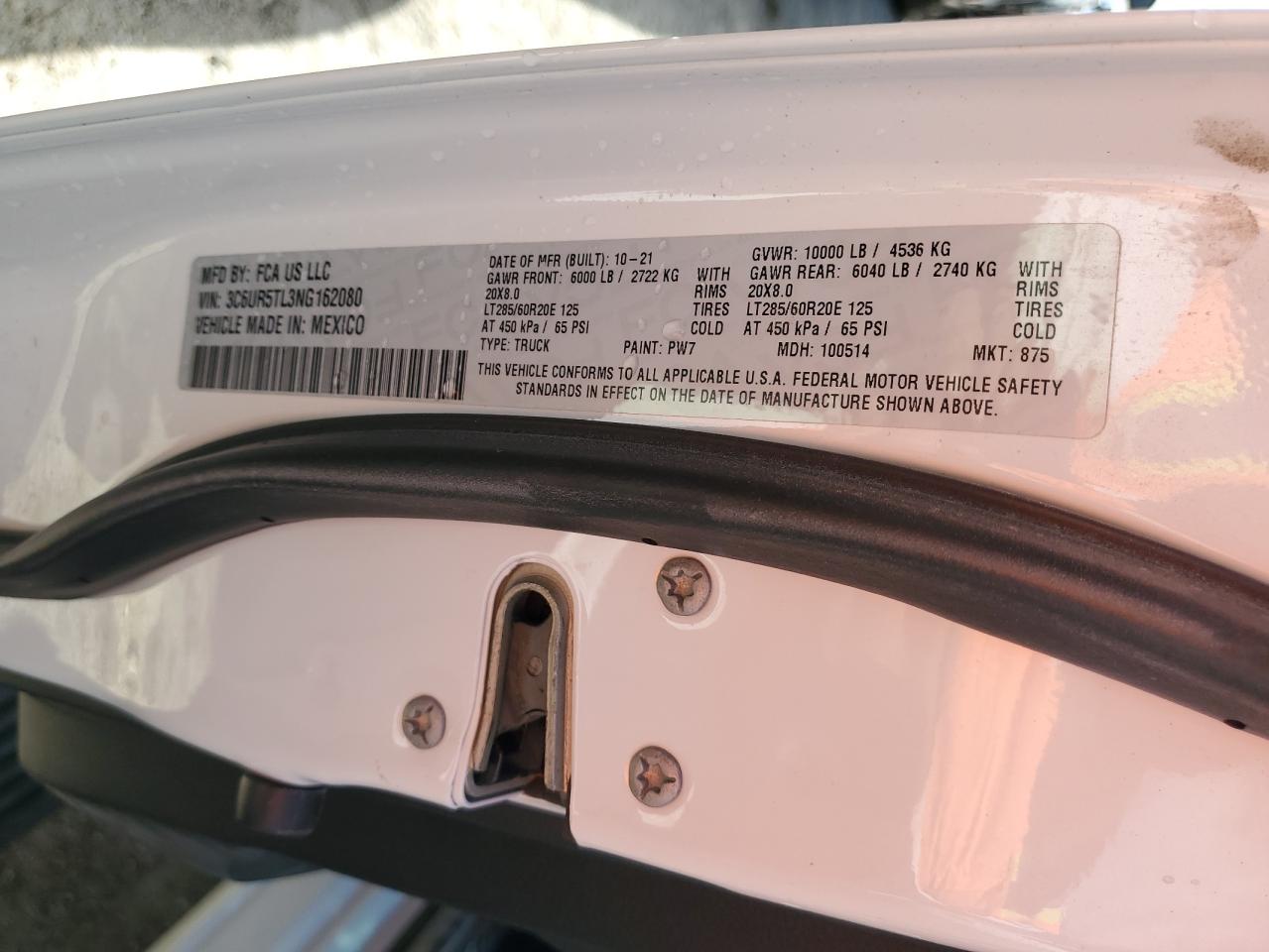 2022 RAM 2500 LIMITED VIN:3C6UR5TL3NG162080