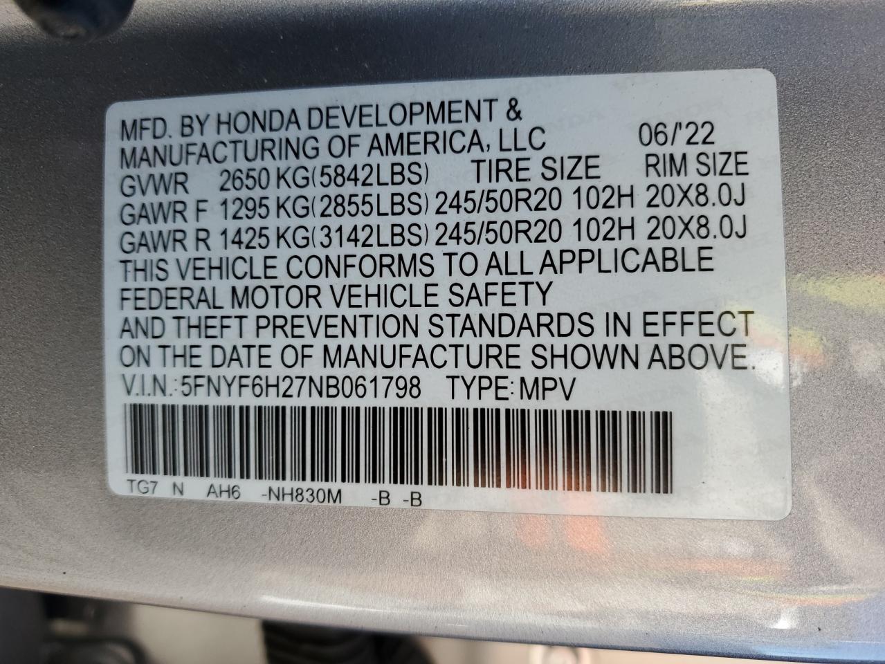 2022 HONDA PILOT SE VIN:5FNYF6H27NB061798