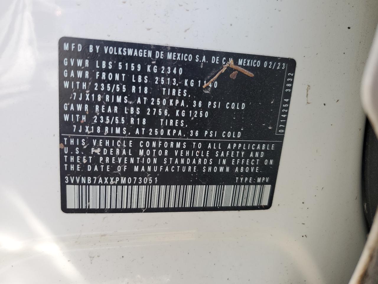 2023 VOLKSWAGEN TIGUAN SE VIN:3VVNB7AXXPM073051