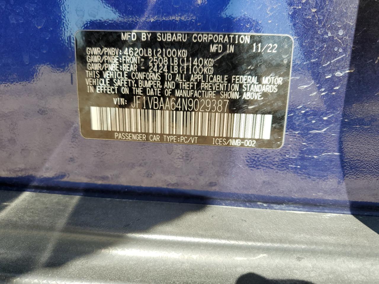 2022 SUBARU WRX VIN:JF1VBAA64N9029387
