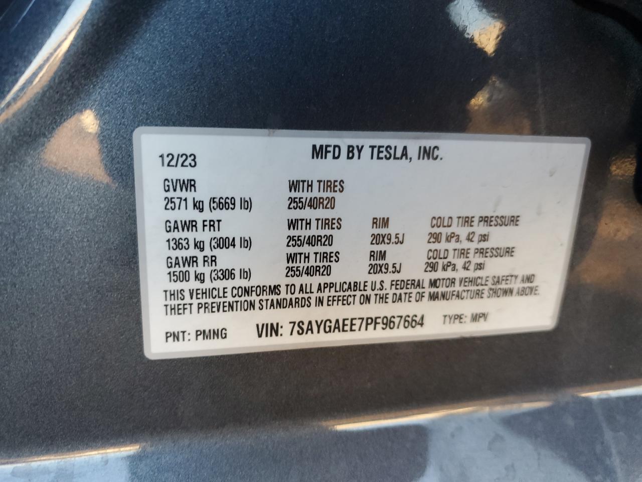 2023 TESLA MODEL Y VIN:7SAYGAEE7PF967664
