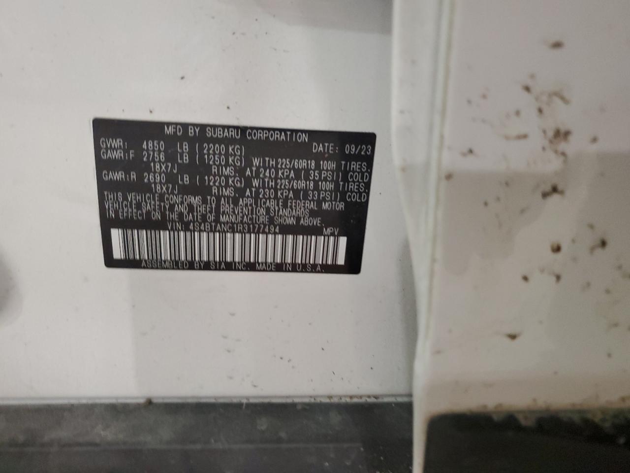 2024 SUBARU OUTBACK LIMITED VIN:4S4BTANC1R3177494