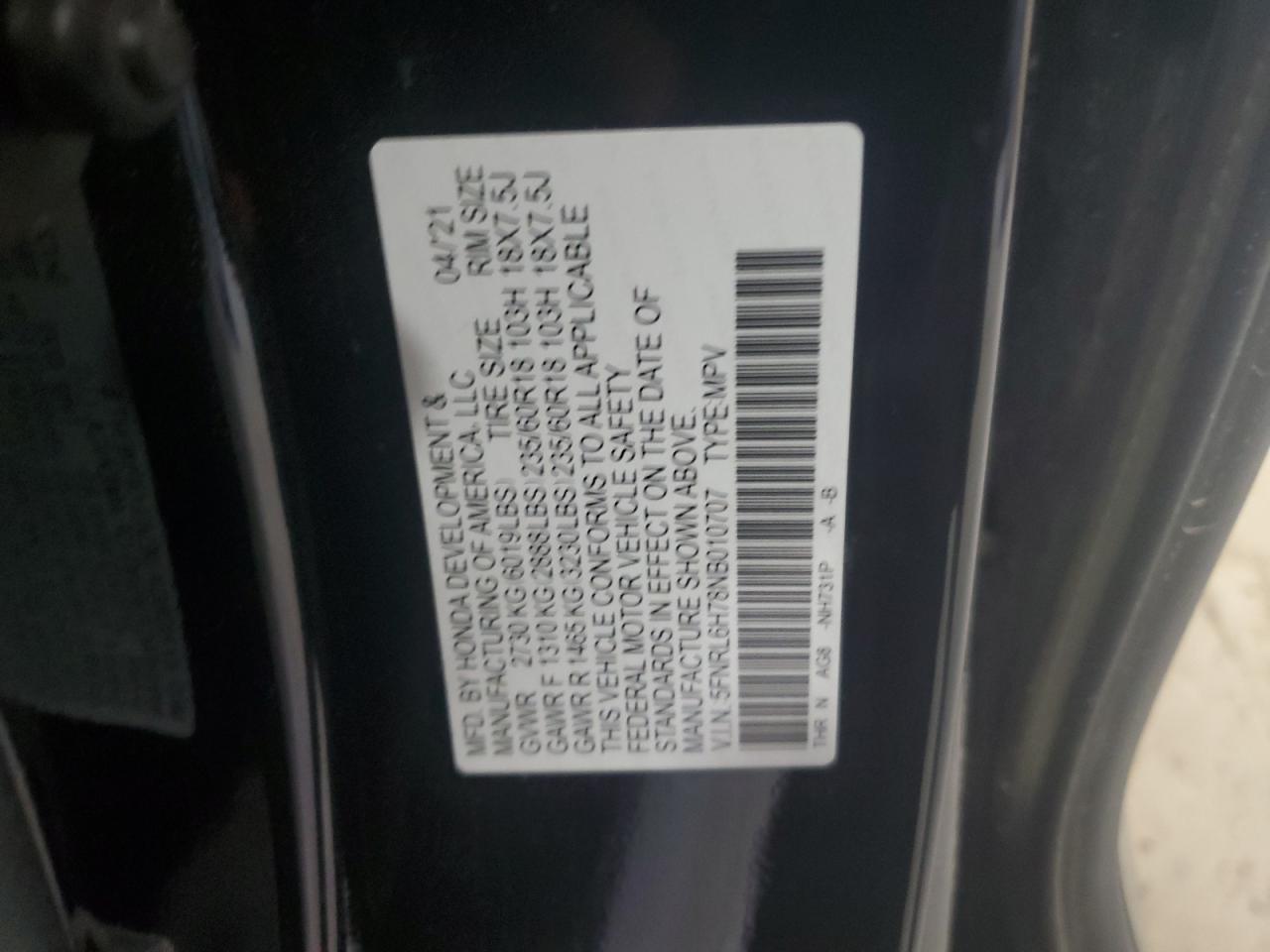 2022 HONDA ODYSSEY EXL VIN:5FNRL6H78NB010707