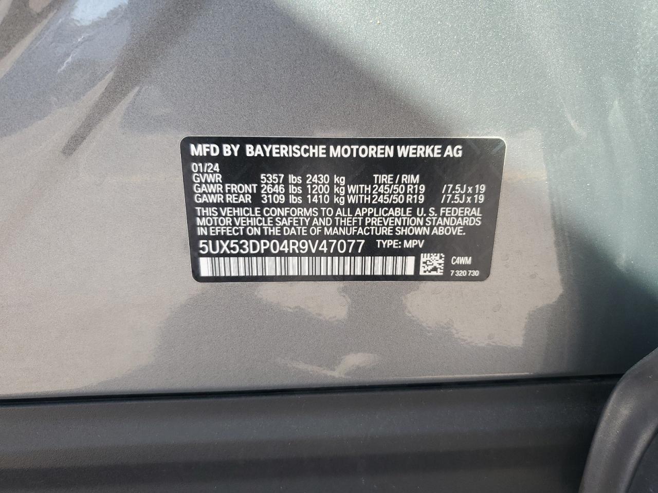 2024 BMW X3 XDRIVE30I VIN:5UX53DP04R9V47077