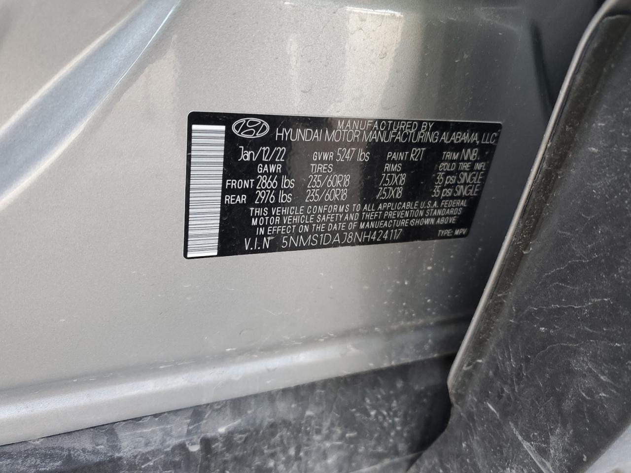 2022 HYUNDAI SANTA FE SE VIN:5NMS1DAJ8NH424117