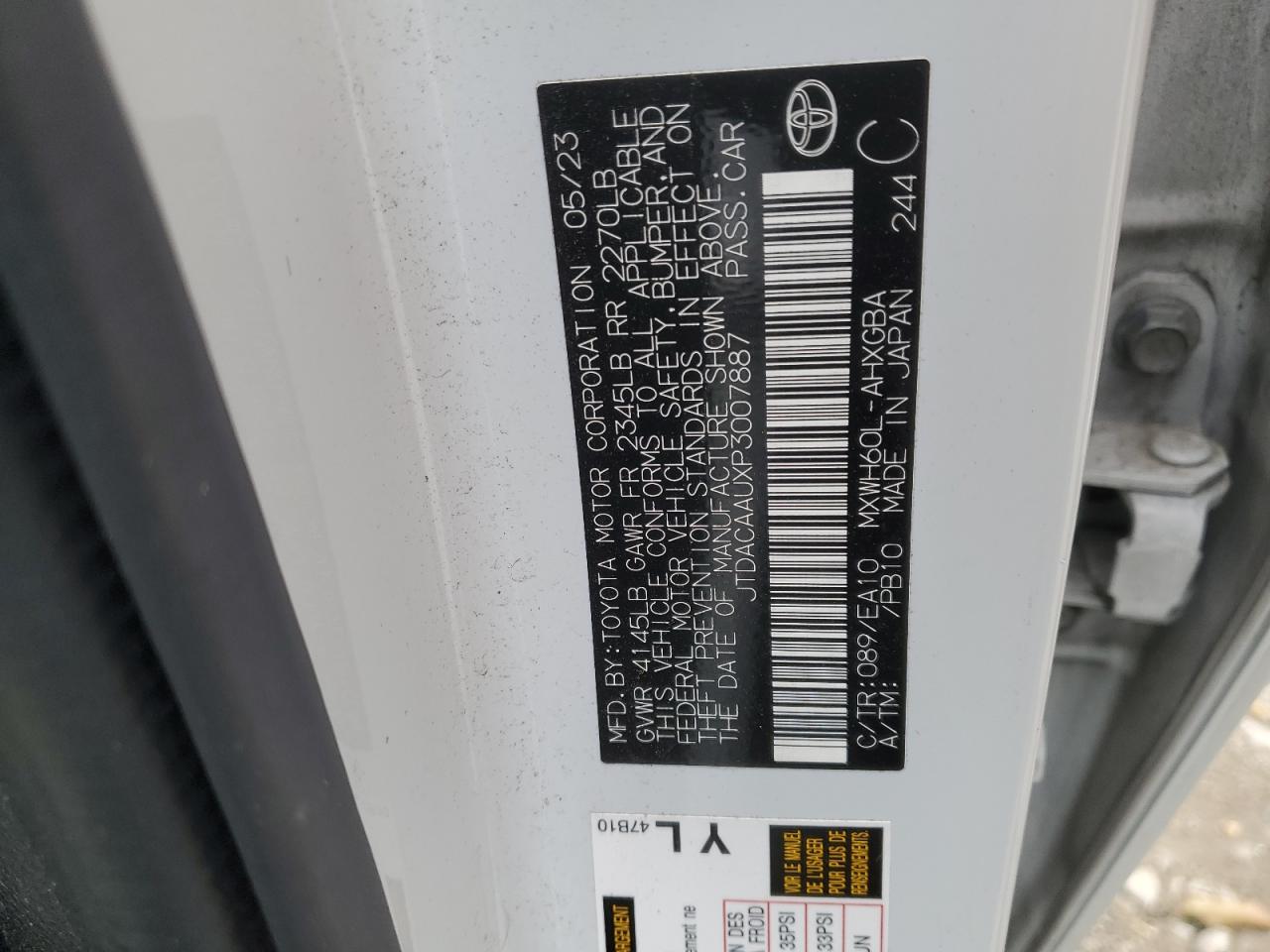 2023 TOYOTA PRIUS LE VIN:JTDACAAUXP3007887