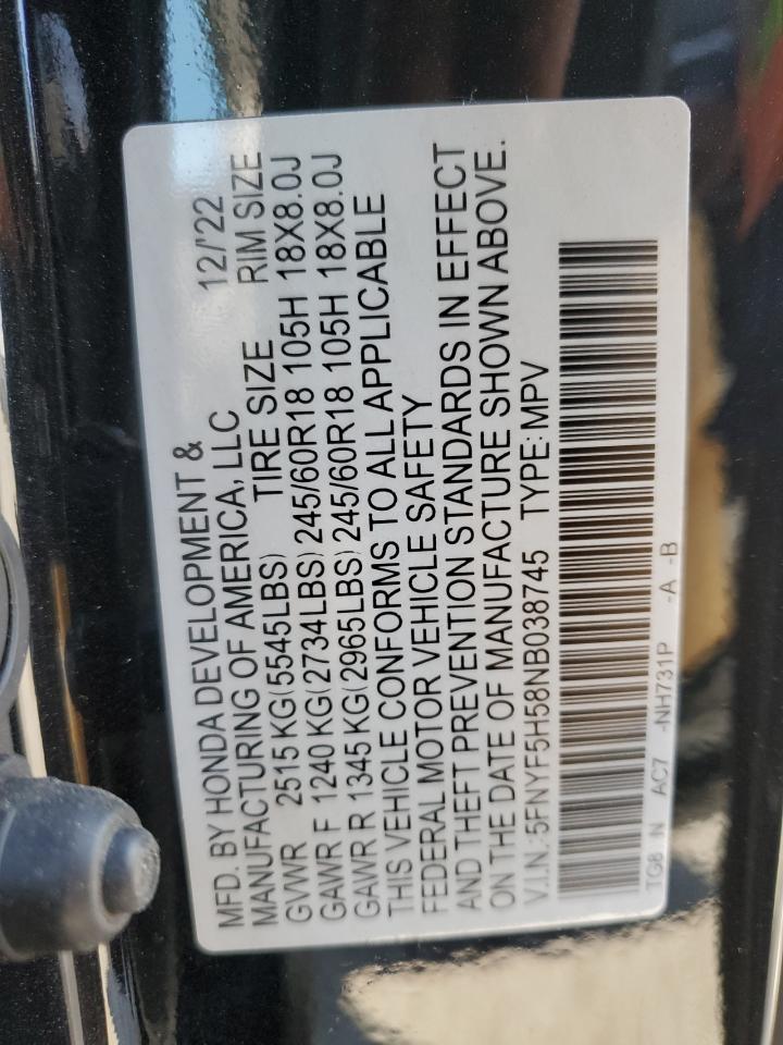 2022 HONDA PILOT EXL VIN:5FNYF5H58NB038745