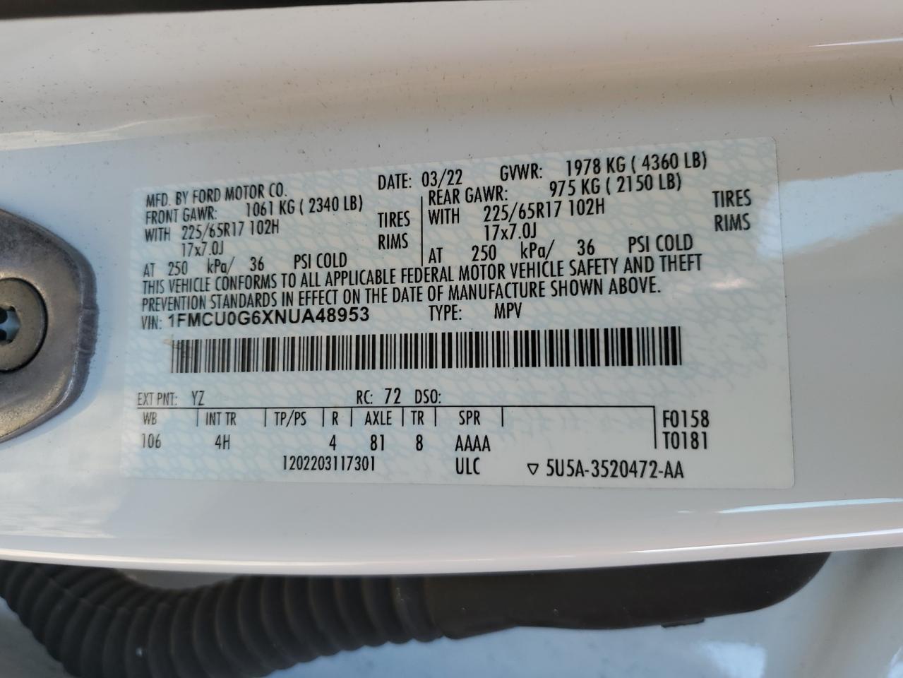 2022 FORD ESCAPE SE VIN:1FMCU0G6XNUA48953