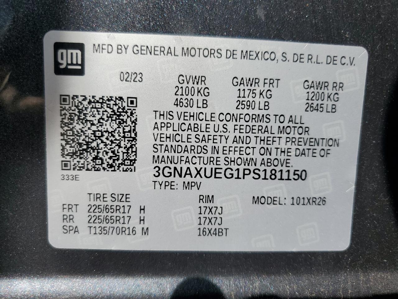 2023 CHEVROLET EQUINOX LT VIN:3GNAXUEG1PS181150