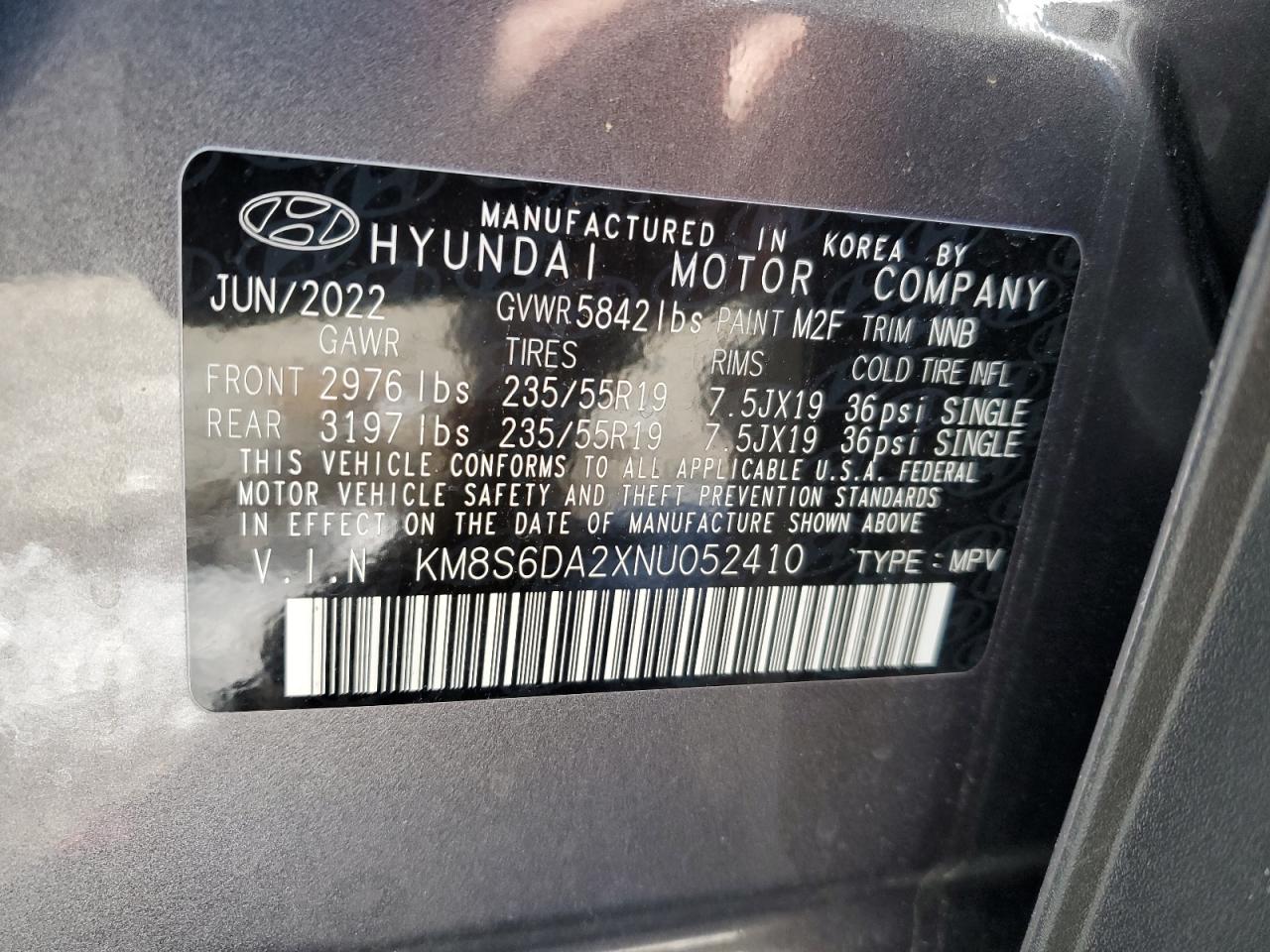 2022 HYUNDAI SANTA FE SEL VIN:KM8S6DA2XNU052410