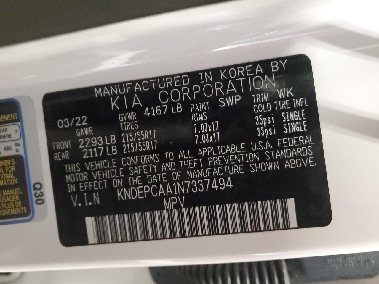 2022 KIA SELTOS LX VIN:KNDEPCAA1N7337494