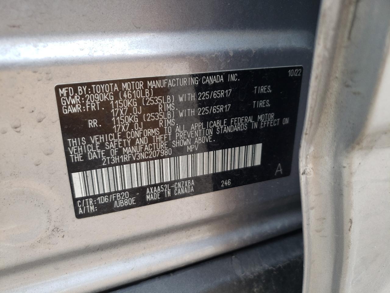 2022 TOYOTA RAV4 LE VIN:2T3H1RFV3NC207980